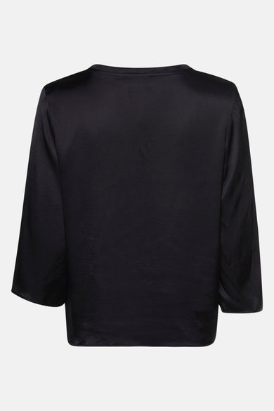 Zwarte blouse met korte mouwen van NAF NAF, met een satijnen textuur.