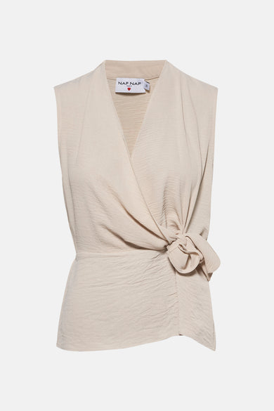 Beige blouse met korte mouwen van NAF NAF, met een decoratieve strik aan de zijkant.
