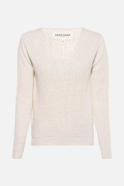Pull écru de NAF NAF, en maille côtelée avec un col en V et des manches longues.