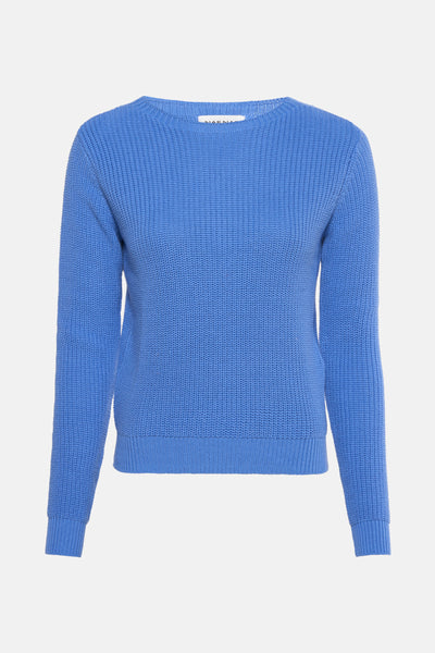 Pull à col rond bleu de NAF NAF, en maille côtelée texturée, manches longues.