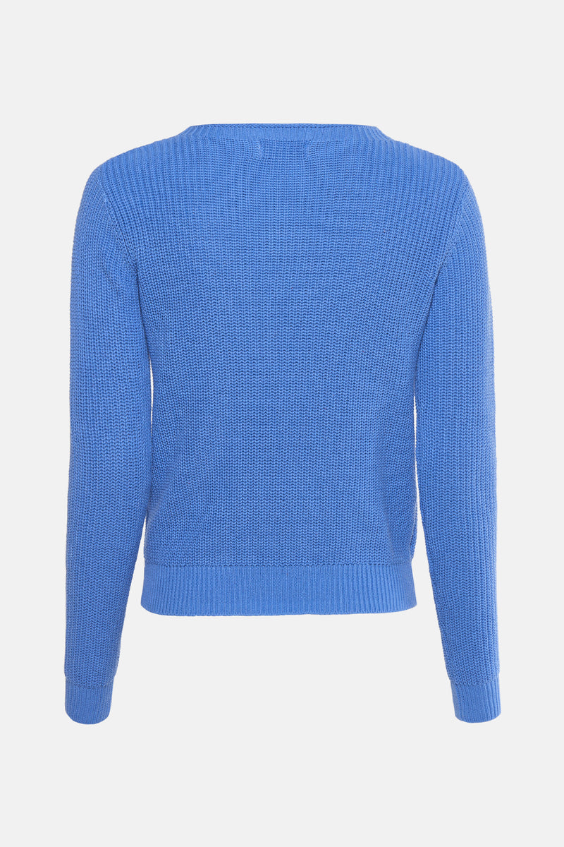 Ronde hals trui van NAF NAF in blauw, met getextureerd breisel, achterkant.