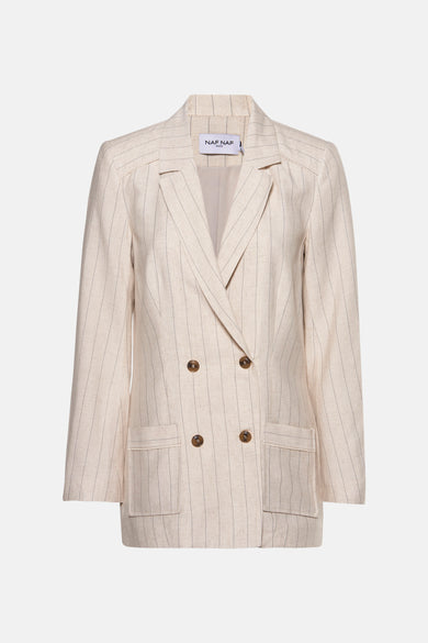 Beige gestreepte blazer van NAF NAF, met dubbele knoopsluiting en reverskraag.
