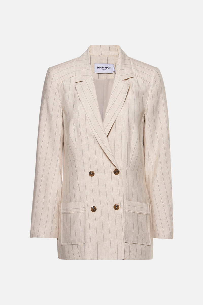 Beige gestreepte blazer van NAF NAF, met dubbele knoopsluiting en reverskraag.