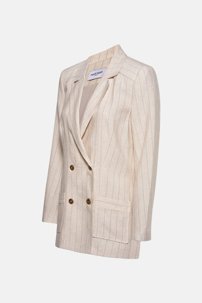 Beige gestreept jasje van NAF NAF, met een dubbele rij knopen en klepzakken.