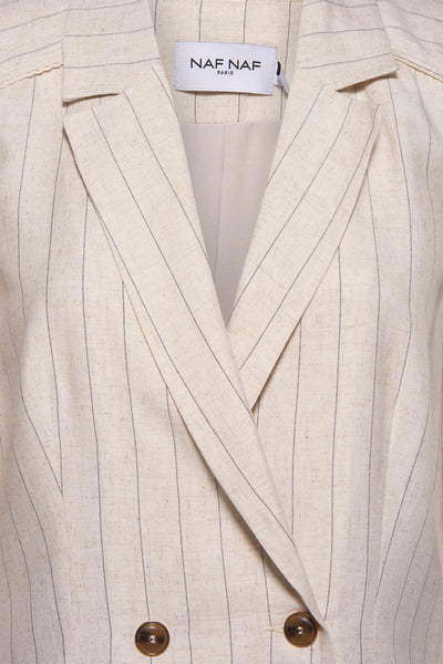 Veste beige rayée de NAF NAF, avec fermeture croisée boutonnée et col à revers.