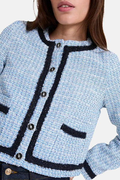 Blauwe tweed blazer van NAF NAF met contrasterende zwarte afwerkingen en decoratieve knopen.