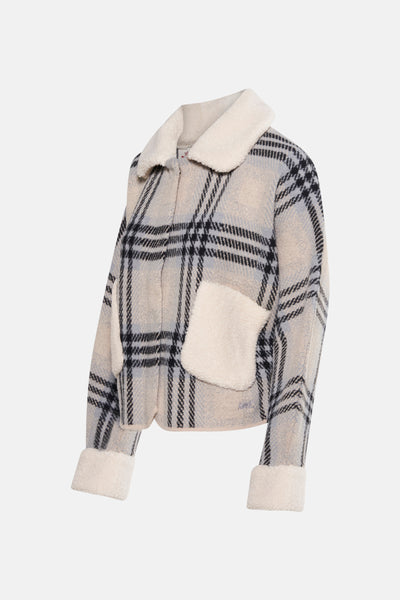 Cardigan multicolore ADORE avec motif à carreaux, col et finitions en fausse fourrure.