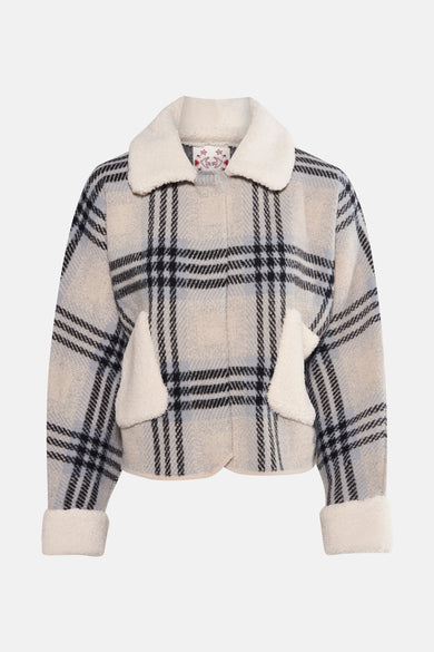 Cardigan multicolore en laine d'Adore, avec col et poignets en fausse fourrure et motif à carreaux.
