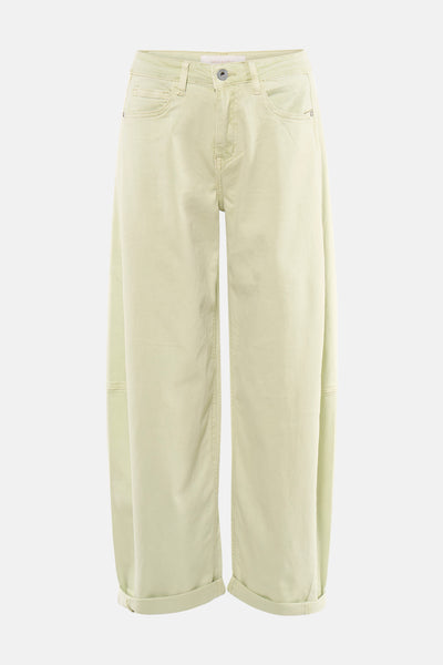Light green women's five-pocket straight-leg pants by Amélie & Sam, featuring cuffed hems and front button closure, front view