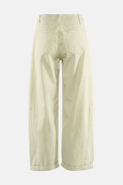 Light green wide-leg five-pocket women's pants with cuffed hems, back view