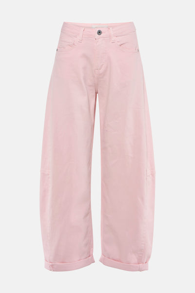 Rose pink women's five-pocket seasonal trousers with wide legs and cuffed hems, front view