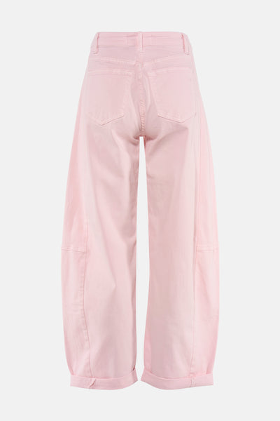 Rose pink women's wide-leg 5-pocket pants with cuffed hems, back view, smooth cotton texture