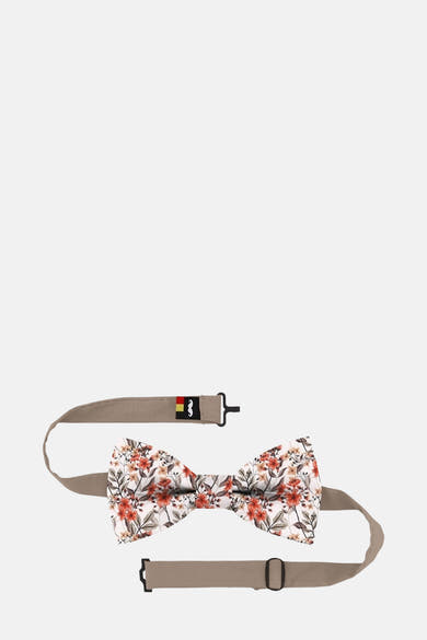 Nœud papillon multicolore de MR. CELESTIN, à motif floral orange et gris, avec une sangle beige.