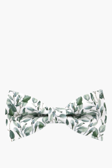 Nœud papillon multicolore de MR. CELESTIN, à motif de feuilles vertes sur fond blanc.