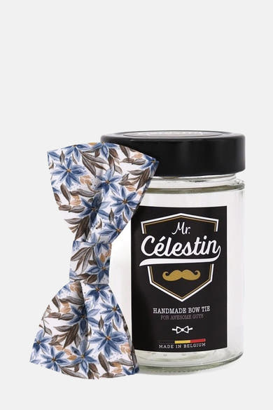 Multikleurige vlinderdas van Mr. Celestin met blauw en bruin bloemenpatroon, gepresenteerd op zijn pot.