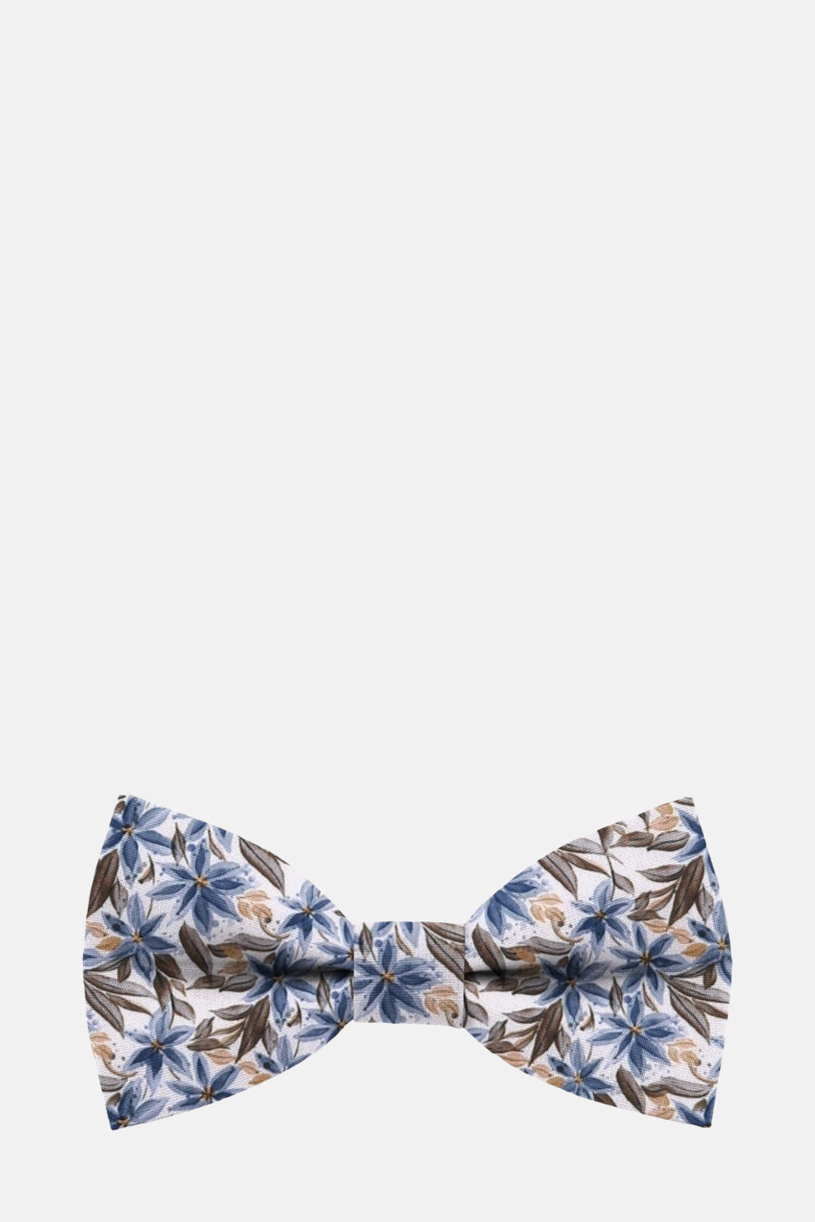 Multikleurige vlinderdas van MR. CELESTIN, met blauw en bruin bloemenpatroon, op een witte achtergrond.