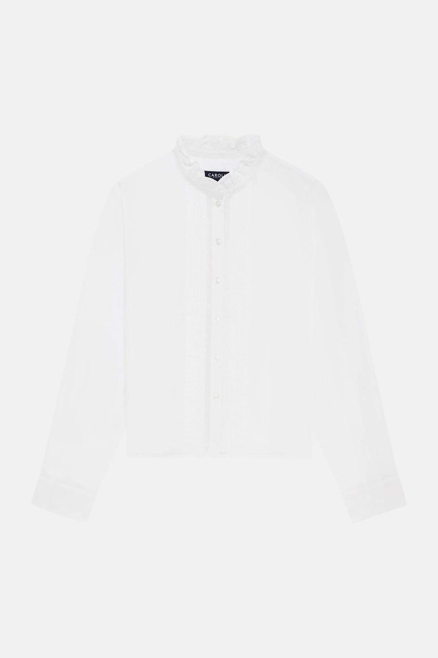Chemise blanche à manches longues de CAROLL, avec col montant à volants et fermeture boutonnée.
