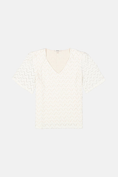 Ecru T-shirt met korte mouwen van GARCIA, met een textuur van visgraatpatroon en V-hals.