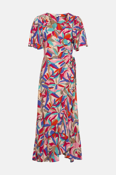 Robe à manches courtes multicolore de GARCIA, avec un motif abstrait de feuilles dans des tons vives.
