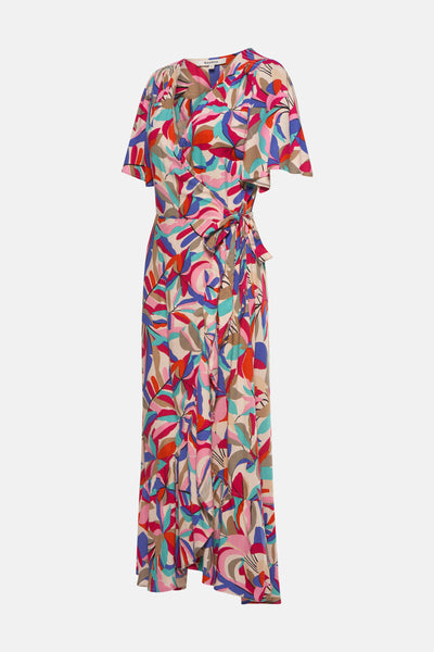 Multikleurige jurk met korte mouwen van GARCIA, abstract bladmotief met knoopdetail en ruches.