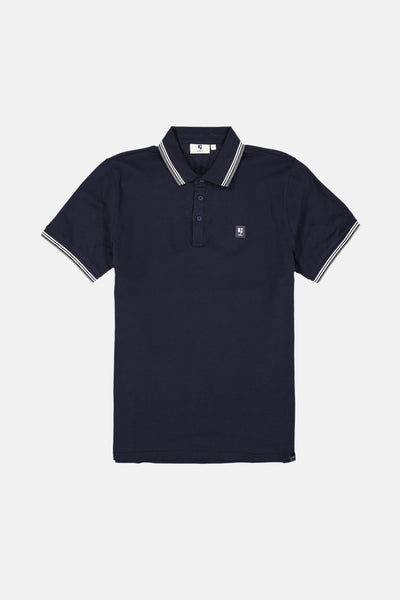 Blauw poloshirt met korte mouwen van GARCIA, met witte strepen op de kraag en mouwen.