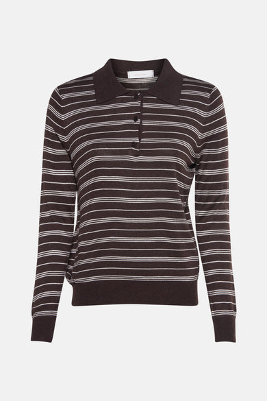 Pull brun à rayures blanches de AMELIE ET AMELIE, avec col polo et manches longues.