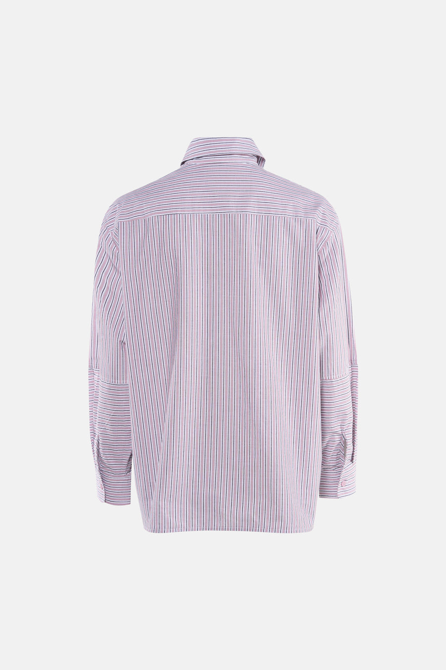 Chemise rose à rayures verticales par ADORE, vue de dos, avec manches longues et poignets boutonnés.
