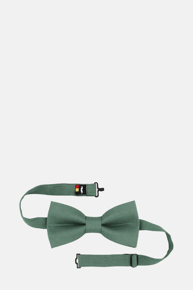 Nœud papillon vert de MR. CELESTIN, en lin texturé, avec fermoir noir réglable et logo à moustache.
