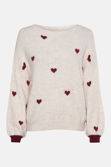 Pull en maille écru à col rond par AMELIE ET AMELIE, avec motif de petits cœurs bordeaux éparpillés.