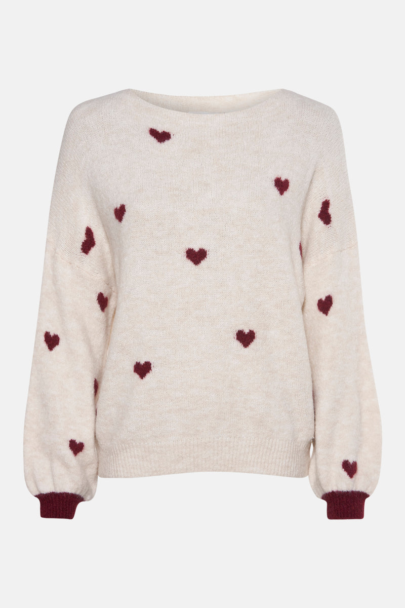 Pull en maille écru à col rond par AMELIE ET AMELIE, avec motif de petits cœurs bordeaux éparpillés.