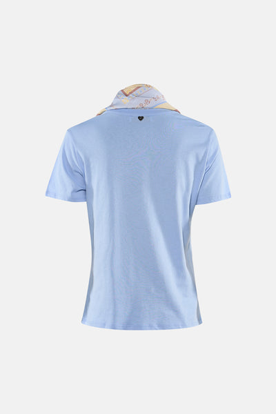 Light blue short-sleeve t-shirt back view with floral collar and small heart patch at neckline