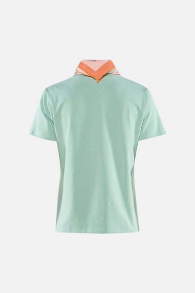 Mint green short-sleeve t-shirt with contrast orange and pink collar, back view, smooth cotton texture