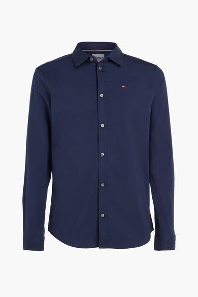 Chemise à manches longues bleue de Tommy Jeans avec boutons et logo discret sur la poitrine.