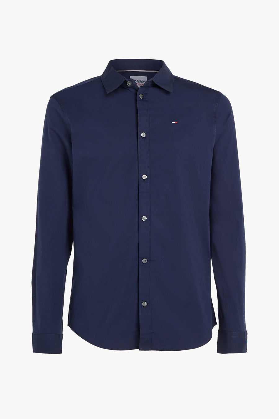 Chemise à manches longues bleue de Tommy Jeans avec boutons et logo discret sur la poitrine.