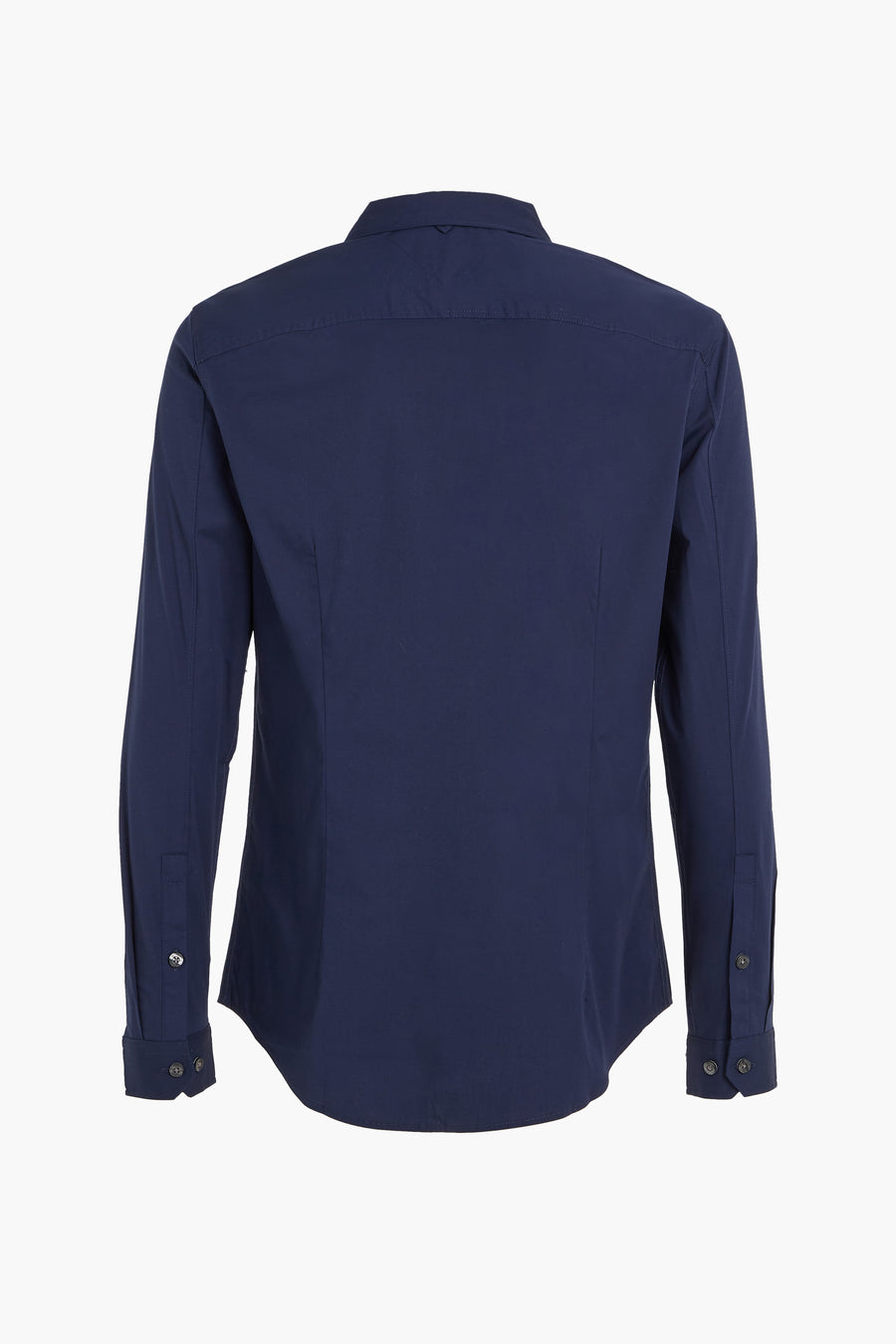 Chemise à manches longues bleue par Tommy Jeans, vue de dos avec boutons aux poignets.