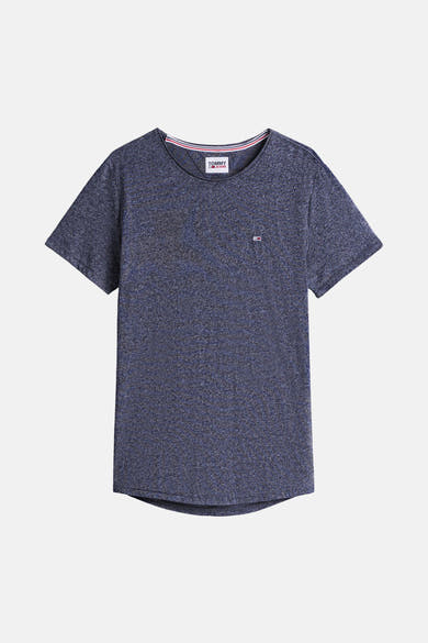 T-shirt bleu chiné à manches courtes de Tommy Jeans, avec un col rond bordé de rayures rouges, blanches et bleues.