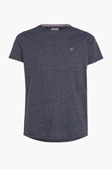 T-shirt bleu chiné à manches courtes de Tommy Jeans, avec col rond à rayures contrastées et logo discret sur la poitrine.