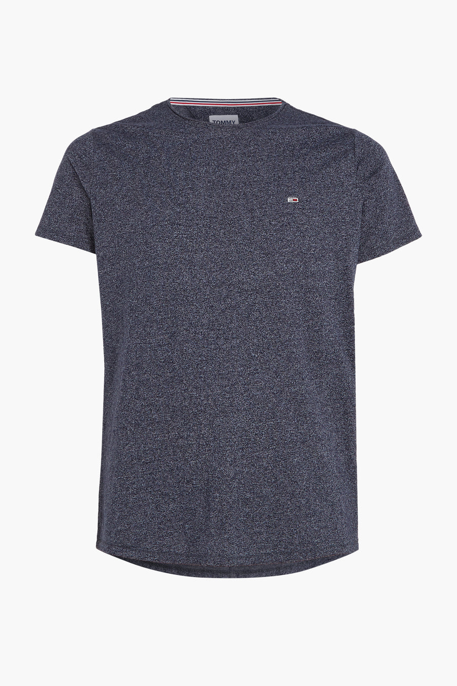 T-shirt bleu chiné à manches courtes de Tommy Jeans, avec col rond à rayures contrastées et logo discret sur la poitrine.