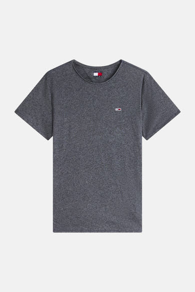 T-shirt gris chiné de Tommy Jeans à col rond avec petit logo rectangulaire sur la poitrine.