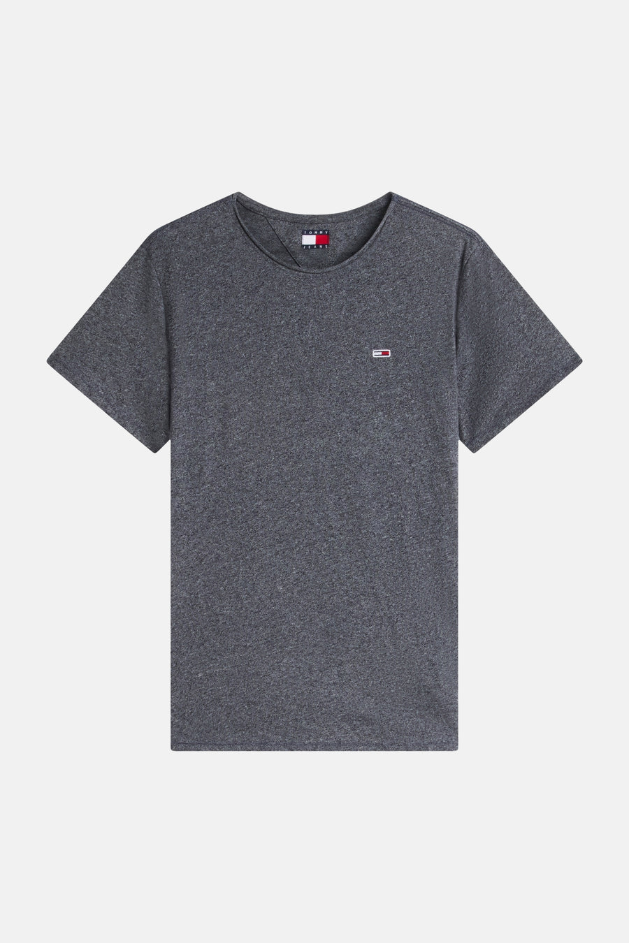 T-shirt gris chiné de Tommy Jeans à col rond avec petit logo rectangulaire sur la poitrine.