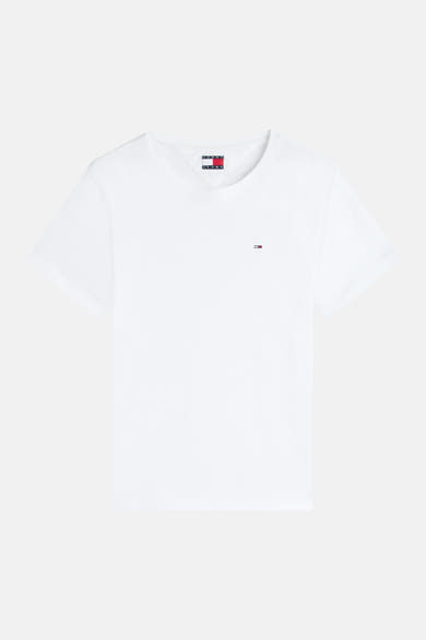 T-shirt blanc de TOMMY JEANS à col V et manches courtes, avec petit logo drapeau sur la poitrine.