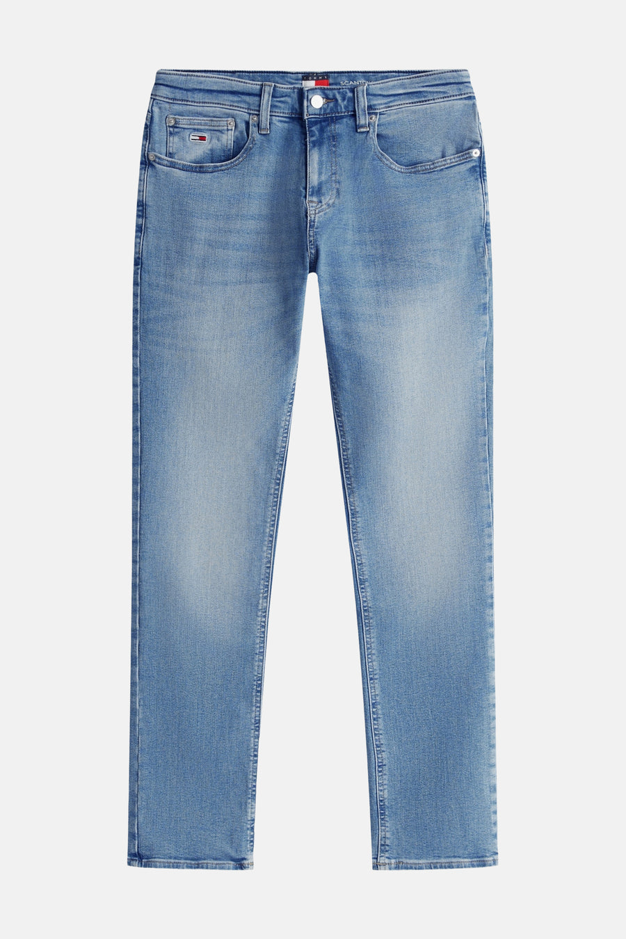 Light blue slim-fit denim jeans by TOMMY JEANS, featuring faded wash, front button closure, and classic five-pocket design, shown in front view.