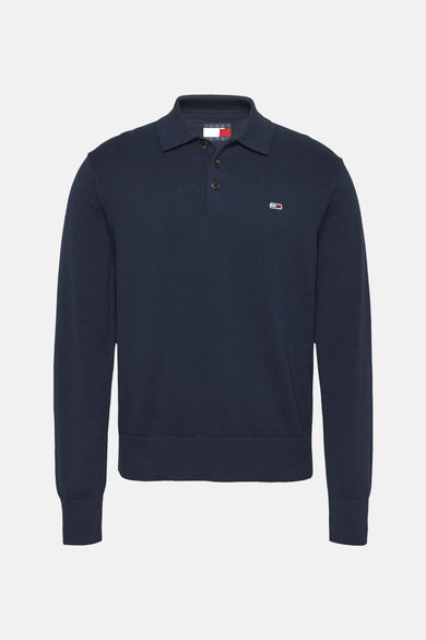 Pull bleu marine en maille de TOMMY JEANS, avec col polo et logo drapeau.