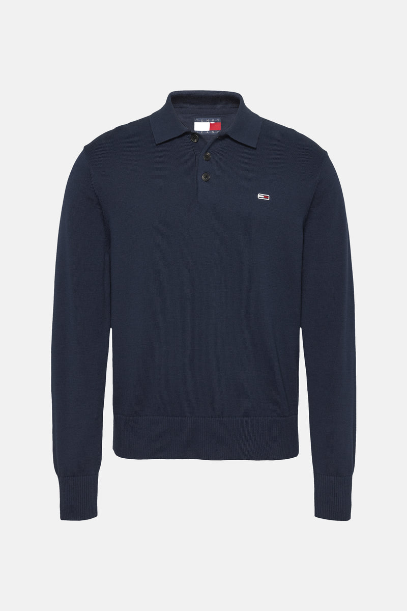 Pull bleu marine en maille de TOMMY JEANS, avec col polo et logo drapeau.