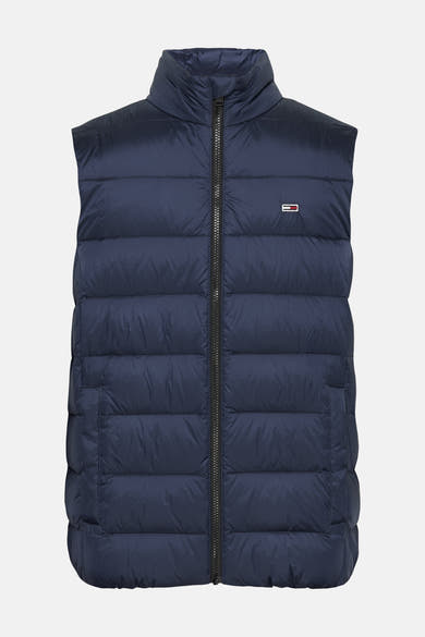 Blauwe mouwloze jas van TOMMY JEANS met volledige ritssluiting en logo op de borst.
