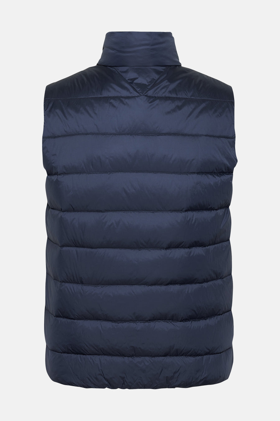 Blauwe mouwloze jas van TOMMY JEANS, gewatteerd en met opstaande kraag, van achteren gezien.