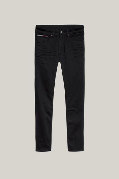 Jean fuselé noir de TOMMY JEANS, avec logo subtil sur la poche gousset.