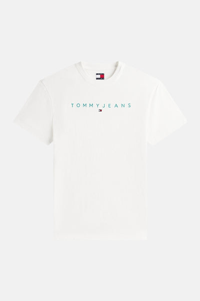 Ecru short-sleeve T-shirt by TOMMY JEANS with teal logo and flag tag, front view
