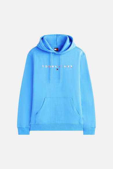 Blauwe hoodie van TOMMY JEANS, met logo op de voorkant en een kangoeroezak.