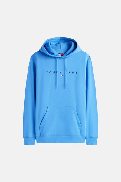 Sweat à capuche bleu de TOMMY JEANS avec logo texte, drapeau, poche kangourou et cordons de serrage.